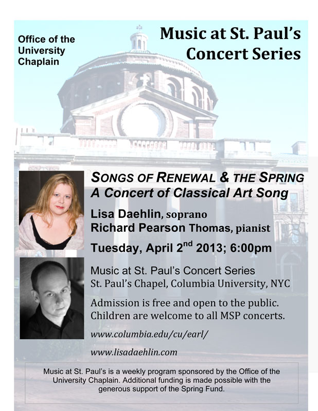 Lisa Daehlin and Richard Pearson Thomas in concert, Tuesday, April 2nd, 2013; Music at St. Paul's Concert Series, Columbia University, NYC