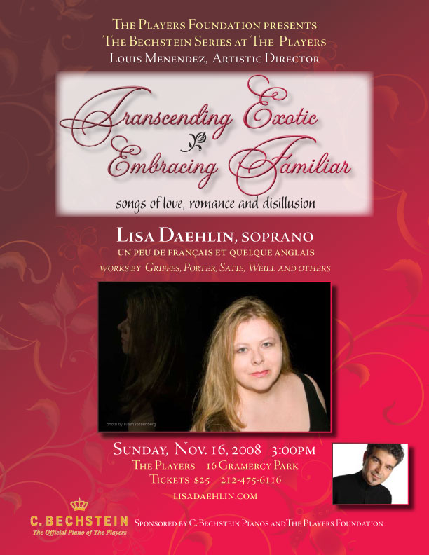 Transcending Exotic Embracing Familiar Lisa Daehlin and Louis Menendez in concert at The Players NYC November 2008